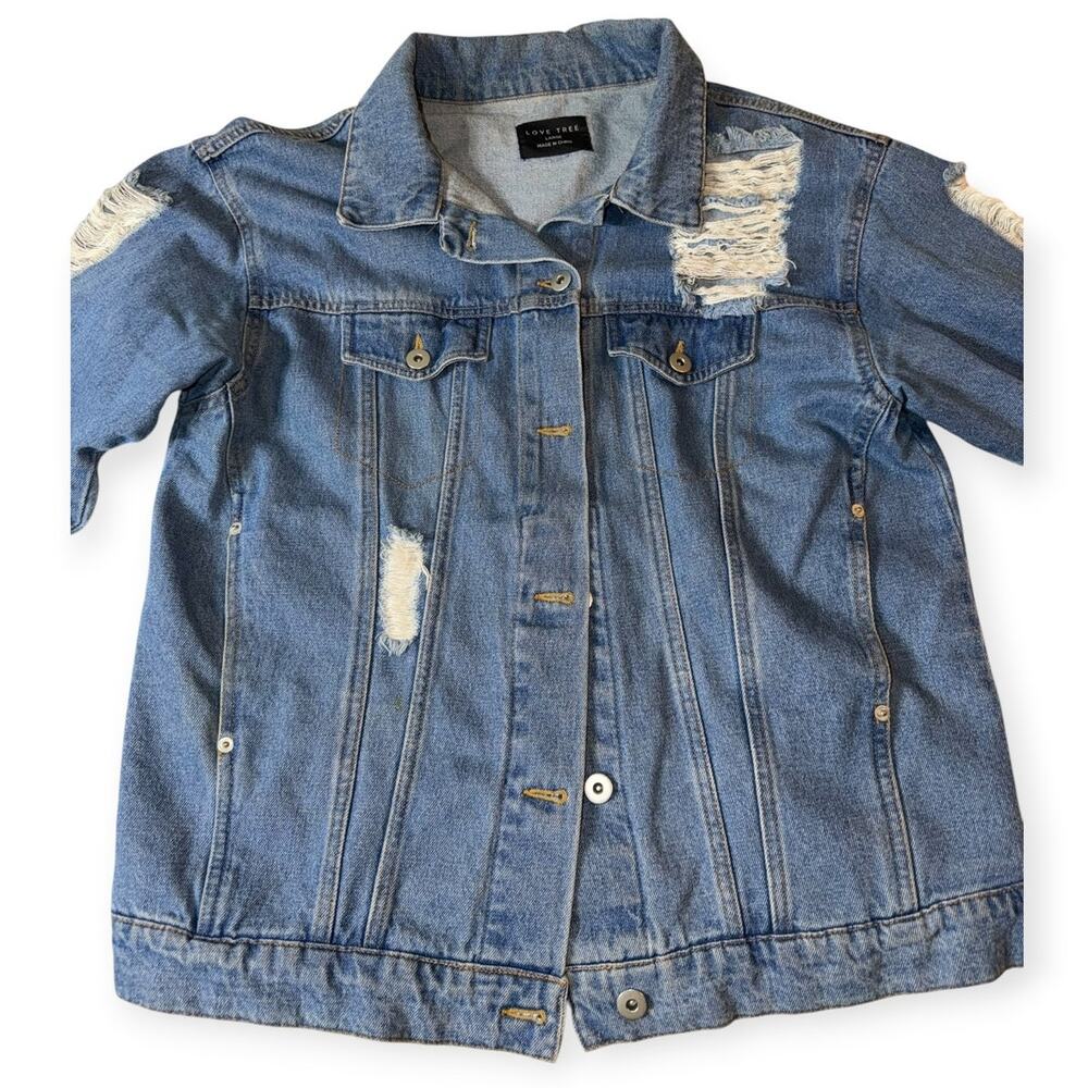 Love Tree Distressed Denim Jacket, Frays/Rips, Women's Large
